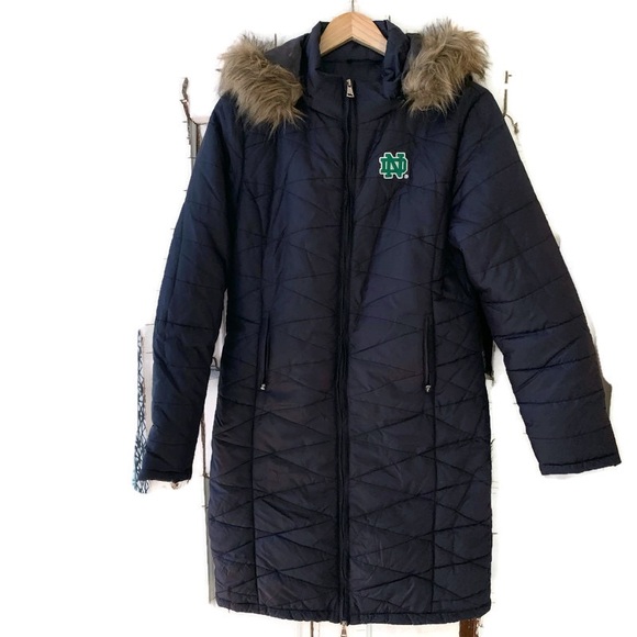 Notre Dame Jackets & Blazers - Notre Dame navy long puffer jacket faux fur hood S